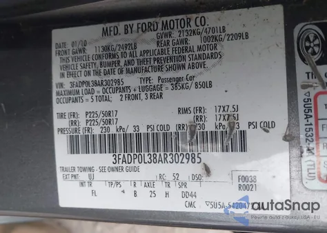 2010 Ford Fusion Hybrid from USA, damaged, VIN 3FADP0L38AR302985
